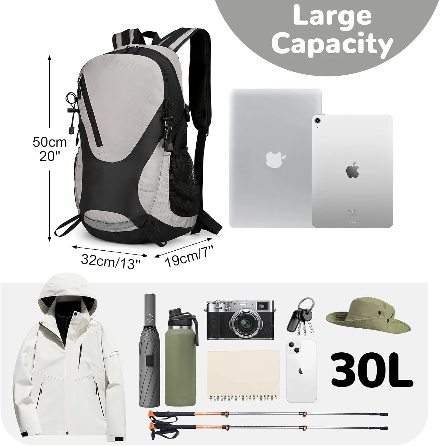 30L Hiking Backpack Men Women, Lightweight Rucksack Backpack with Adjustable Chest Strap, Nylon Casual Daypack Backpack for Camping Biking Outdoor Cycling, Grey