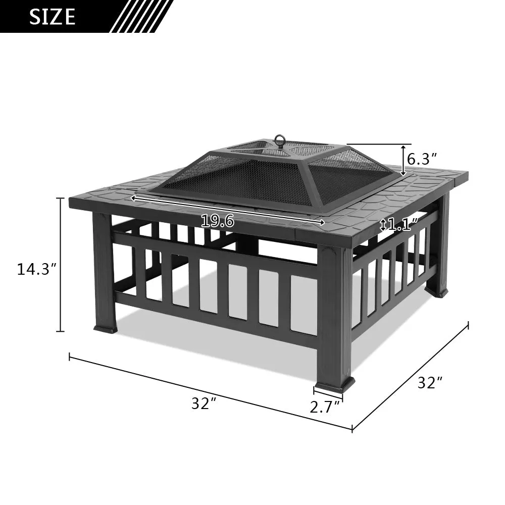 32 Inch Heavy Duty 3-in-1 Metal Square Outdoor Camping Firepit