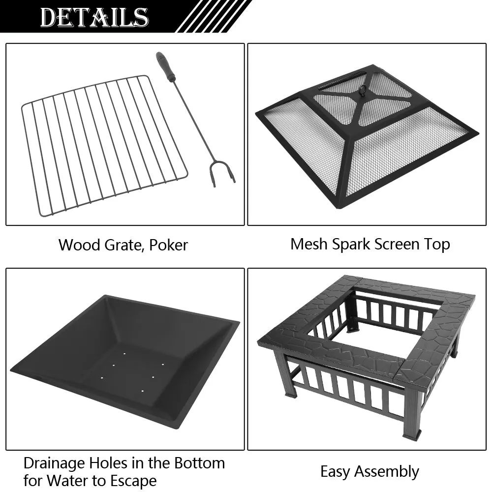 32 Inch Heavy Duty 3-in-1 Metal Square Outdoor Camping Firepit