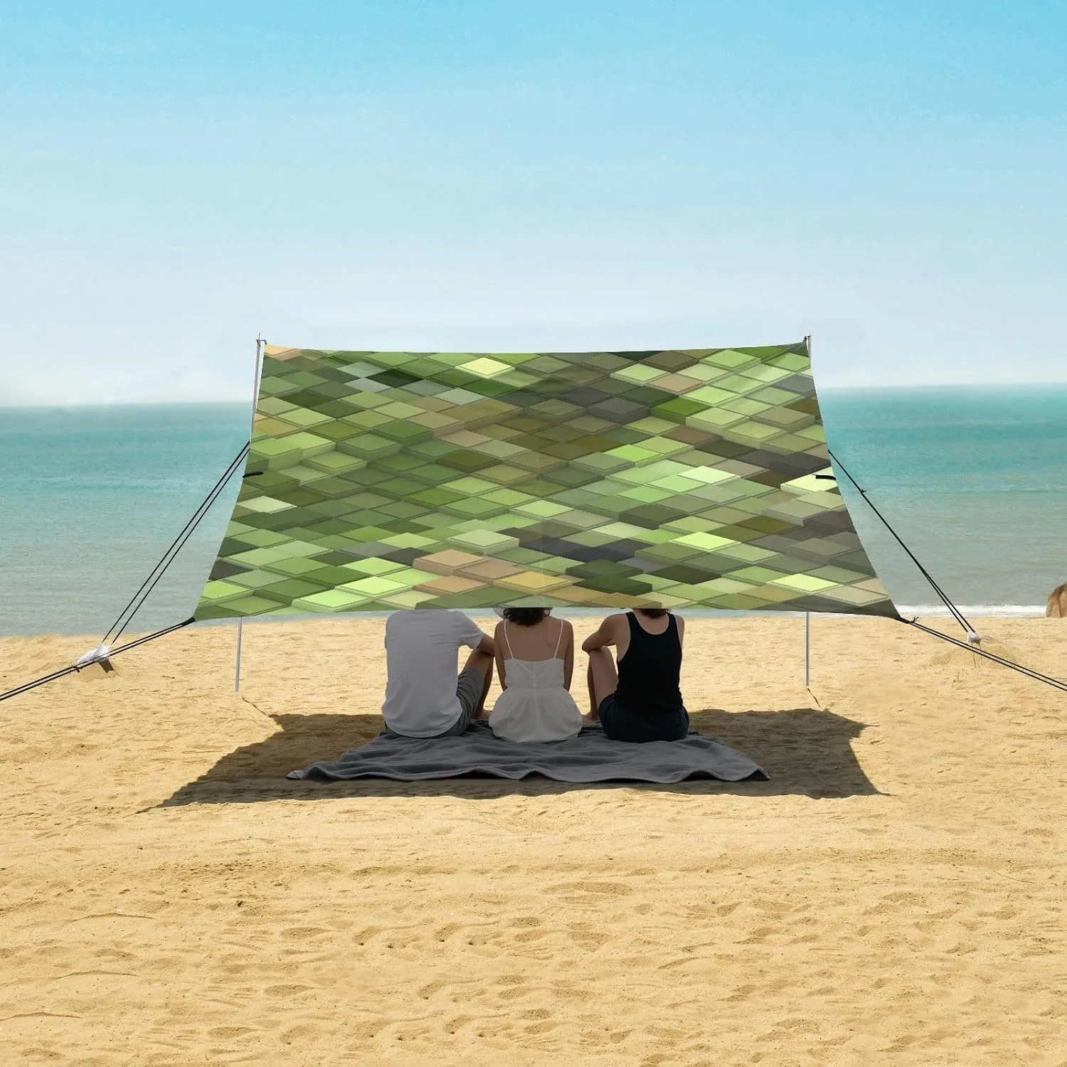 3D Illustration Beach Canopy Tent Anti-UV & Wind Resistant, Camping Sun Shelter Easy Setup Portable,Outdoor Shade Tents with Sandbags,Sand Shovels,Ground Pegs & Stability Poles