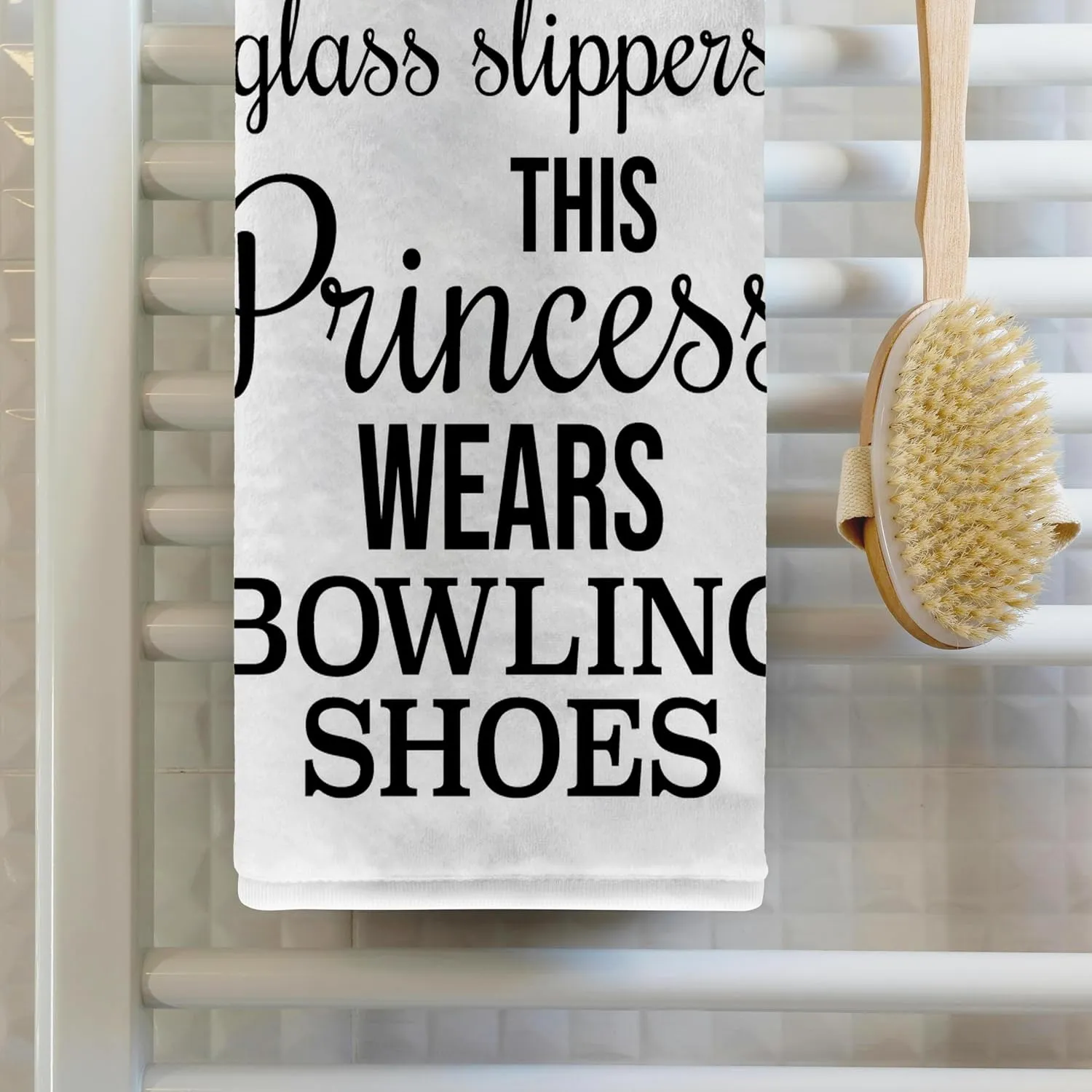 3dRose 22x30 Bath Hand Pool Towel - Forget Glass Slippers This Princess Wears Bowling Shoes Black on White Stamp City - Typography