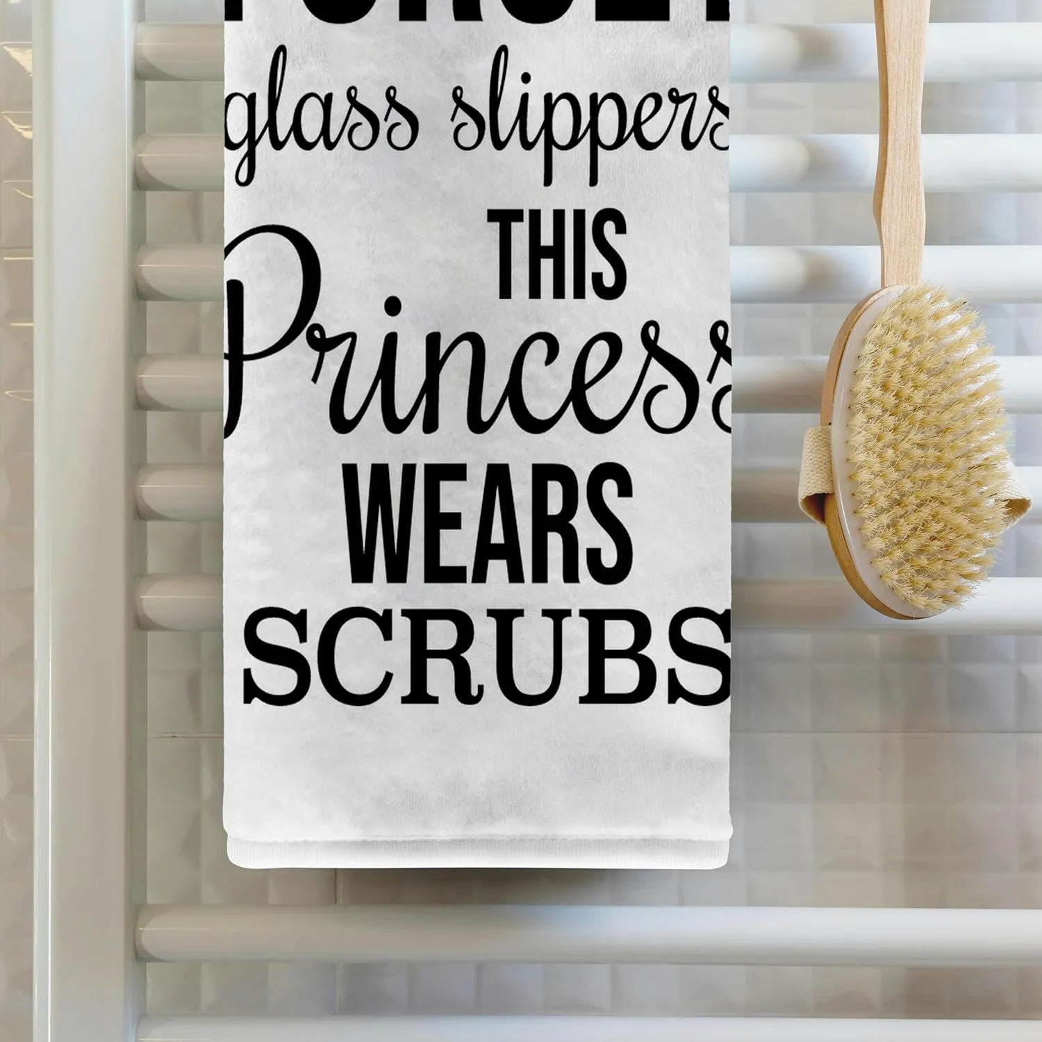 3dRose 22x30 Bath Hand Pool Towel - Forget Glass Slippers This Princess Wears Scrubs. Black on White. Stamp City - Typography