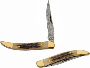 3" Toothpick Folding EDC Knife Damascus Steel Blade Stag Handle