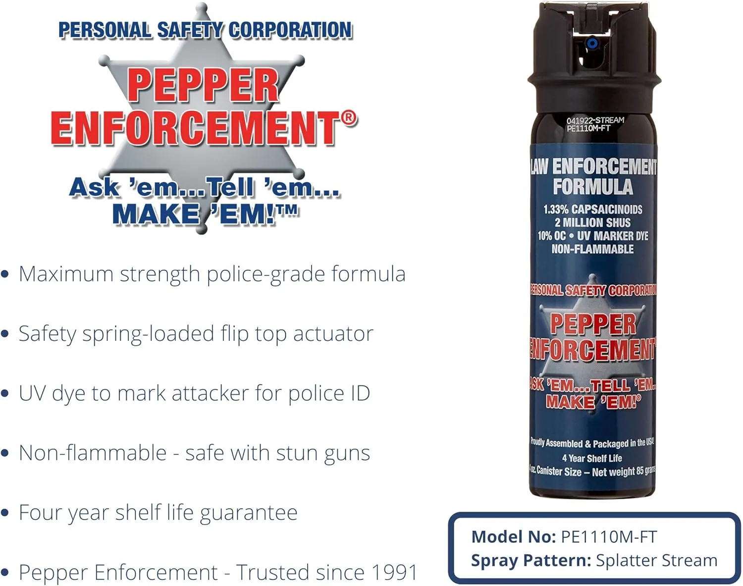 4 oz. Splatter Stream Pepper Spray for Self Defense - Maximum Police Strength 10% OC Formula, Emergency Personal Protection, Flip Top Safety for Quick and Accurate Aim