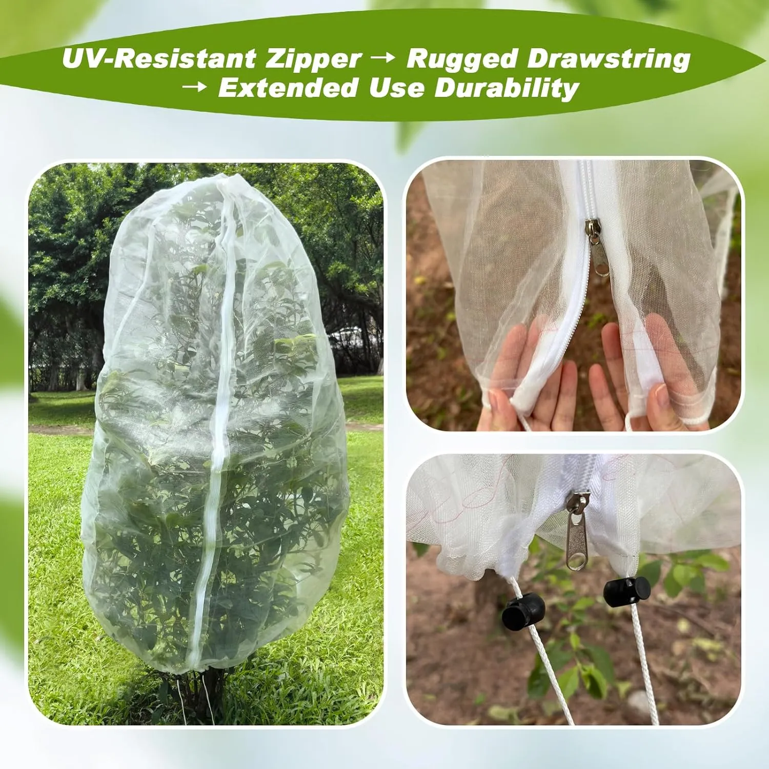 4-Pack 10 * 10FT Large Fruit Tree Netting with Drawstring and Zipper, Garden Netting for Garden Protection, Insect Bird Netting for Fruit Trees, Protection from Anti Bugs,Cicadas, Insects,Birds