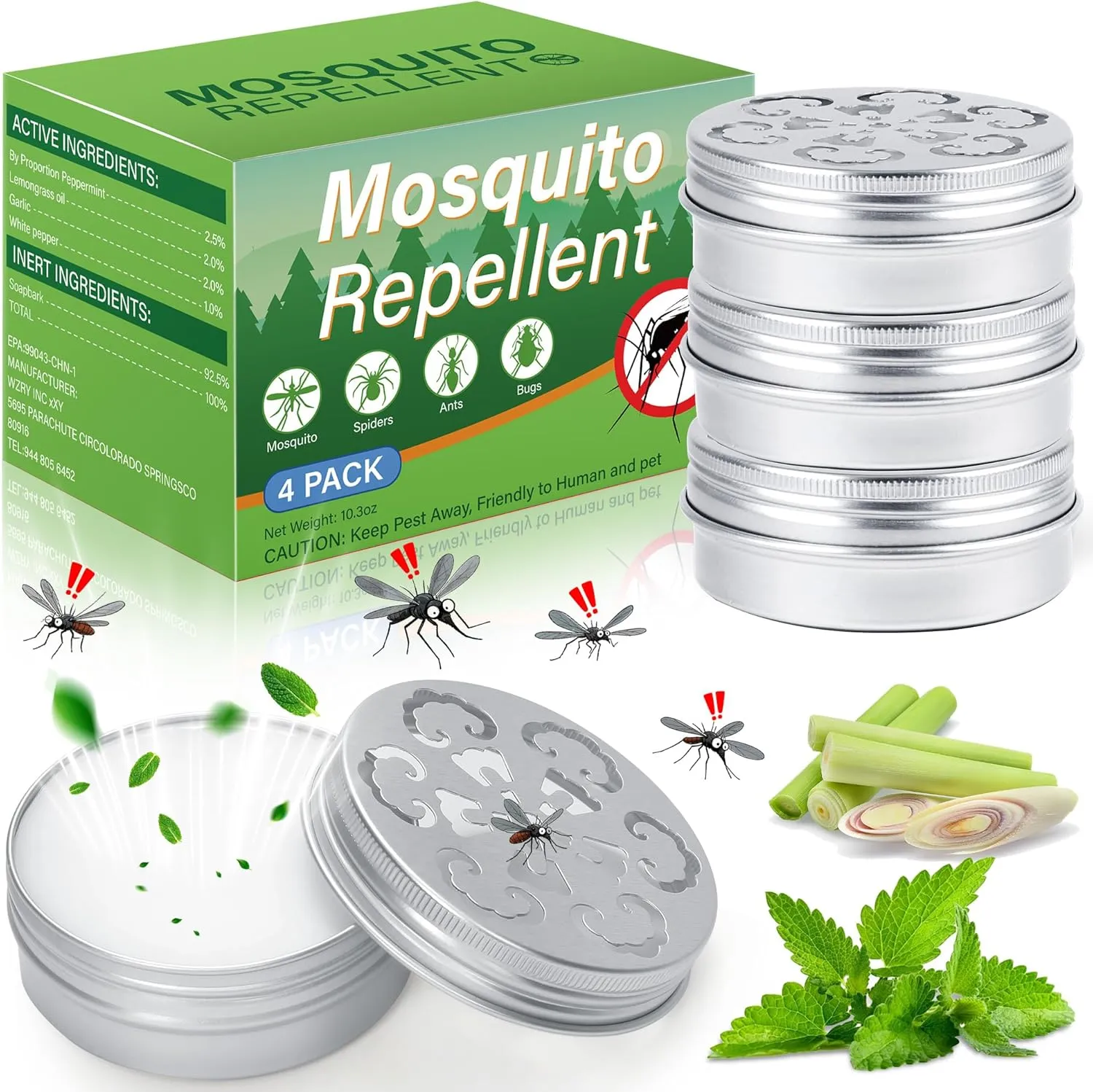 4 Pack Mosquito Repellent Outdoor Patio, Peppermint Mosquito Repellant Cream Indoors, Mosquitoes Deterrent to Keep Mosquito Away from Yard Room Camping RV Boat |No Skin Touch|- Families Pets Safe