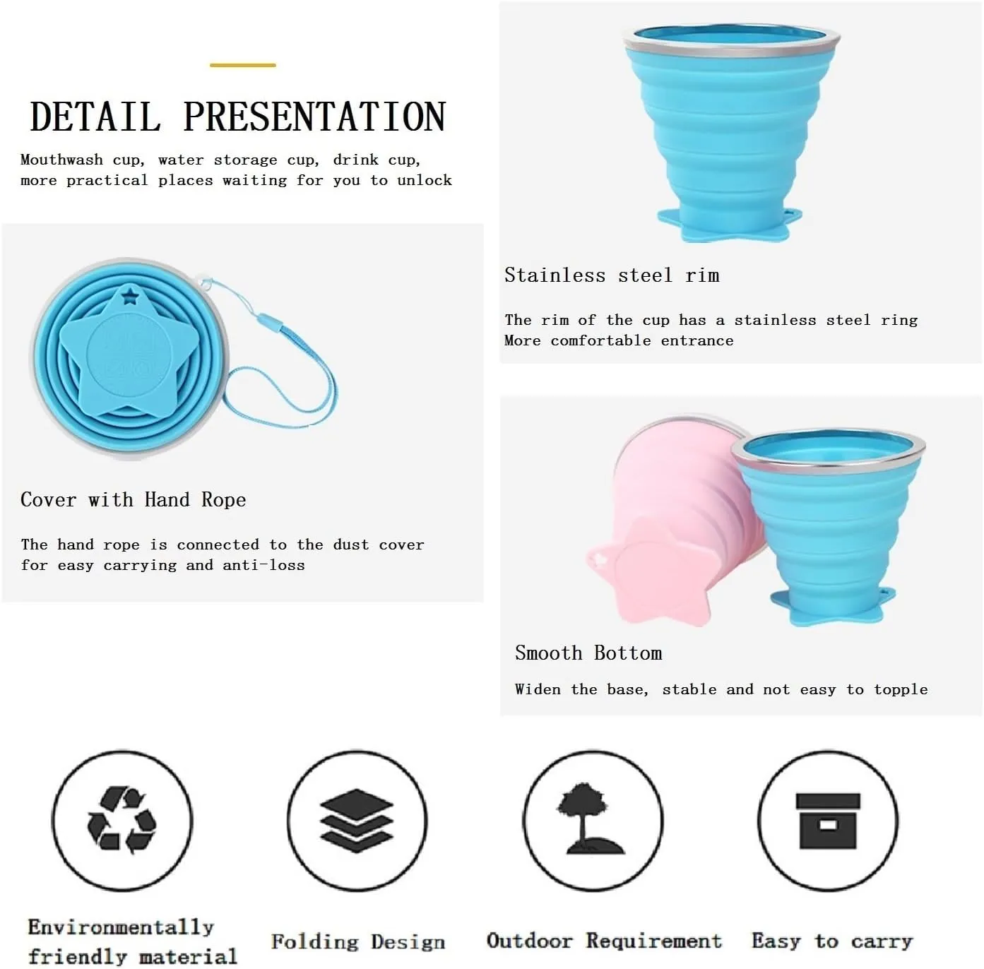 4 Pack Silicone Collapsible Travel Water Cup，Ultralight，Portable Camping Cup with Lids，Food Grade Mugs Set for Outdoor Drinking，6 Colors Available，Capacity：270ml /270