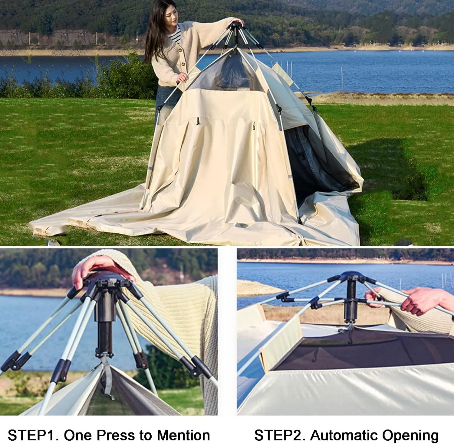 4-Person Automatic Camping Tent with Canopy,Family Tent with Removable Rainfly and Carry Bag,Lightweight Pop Up Tents with Stakes for Camping Traveling Backpacking Hiking Outdoors