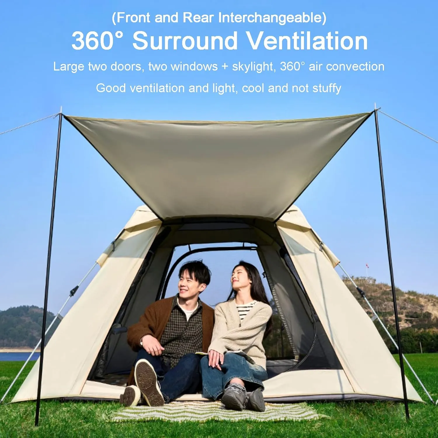 4-Person Automatic Camping Tent with Canopy,Family Tent with Removable Rainfly and Carry Bag,Lightweight Pop Up Tents with Stakes for Camping Traveling Backpacking Hiking Outdoors