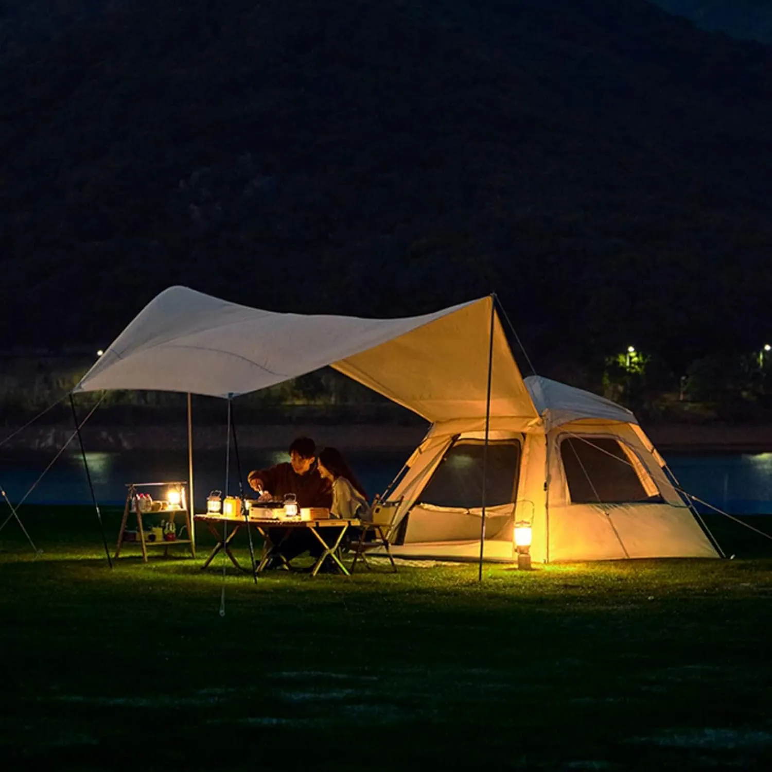 4-Person Automatic Camping Tent with Canopy,Family Tent with Removable Rainfly and Carry Bag,Lightweight Pop Up Tents with Stakes for Camping Traveling Backpacking Hiking Outdoors