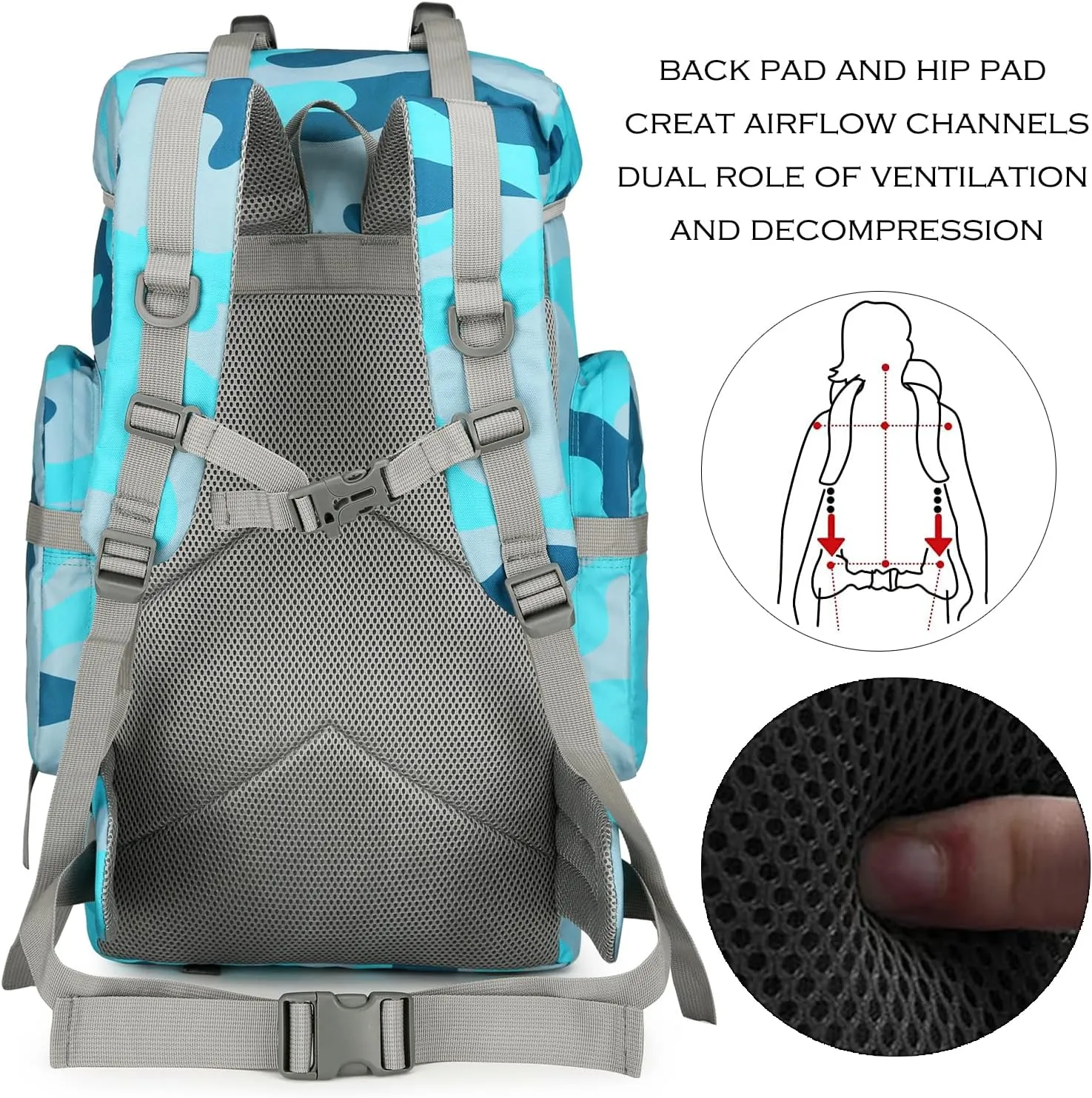45L Hiking Backpack Camping Rucksack Molle Military Backpack for Outdoor Traveling (Blue Camo)