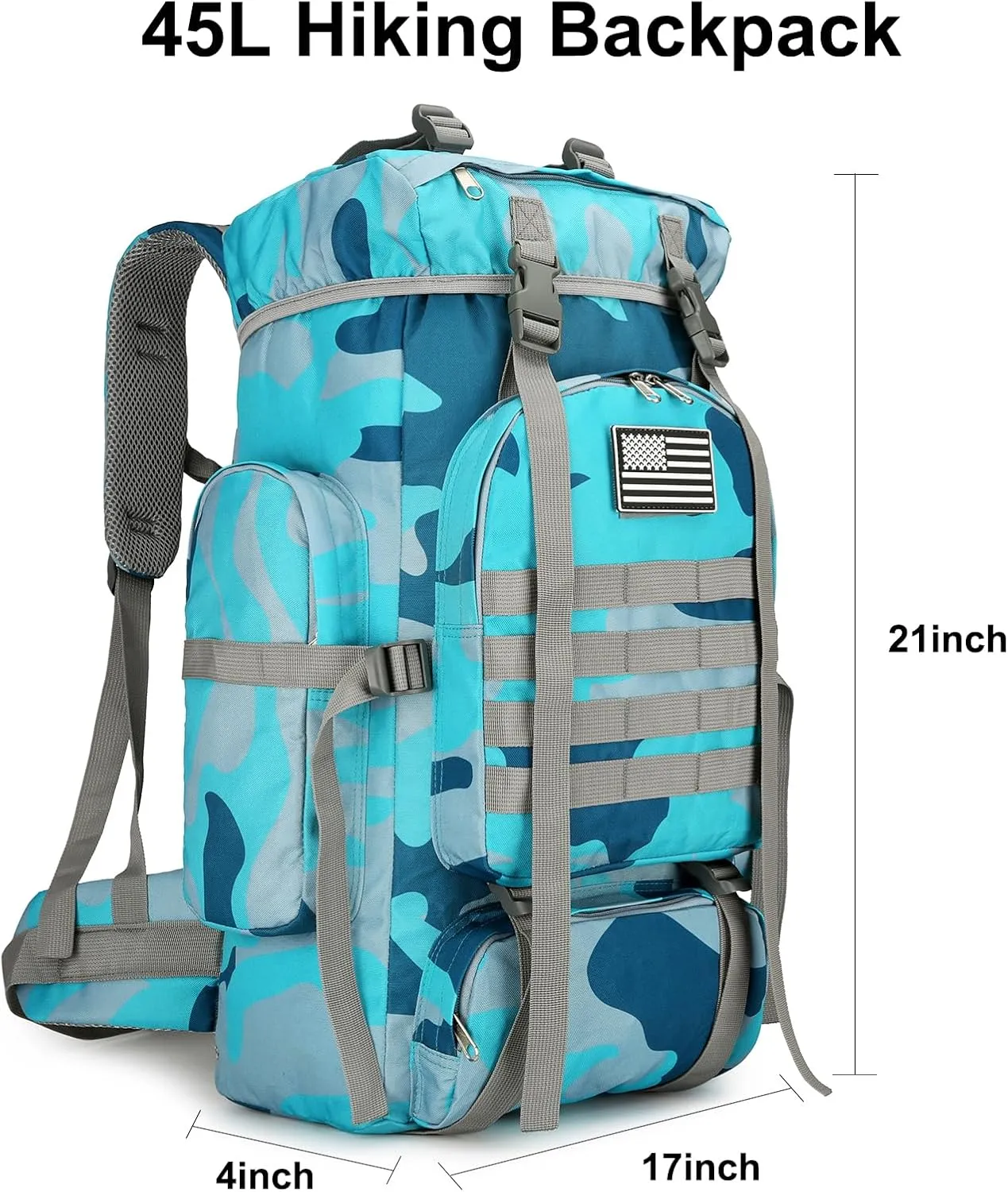45L Hiking Backpack Camping Rucksack Molle Military Backpack for Outdoor Traveling (Blue Camo)