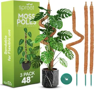 48 Inch Bendable Moss Pole (3-Pack) Monstera Plant Support Stakes for Indoor Plants - Tall Moss Stick Trellis for Potted Climbers - Stem Support Accessories for Climbing Houseplants