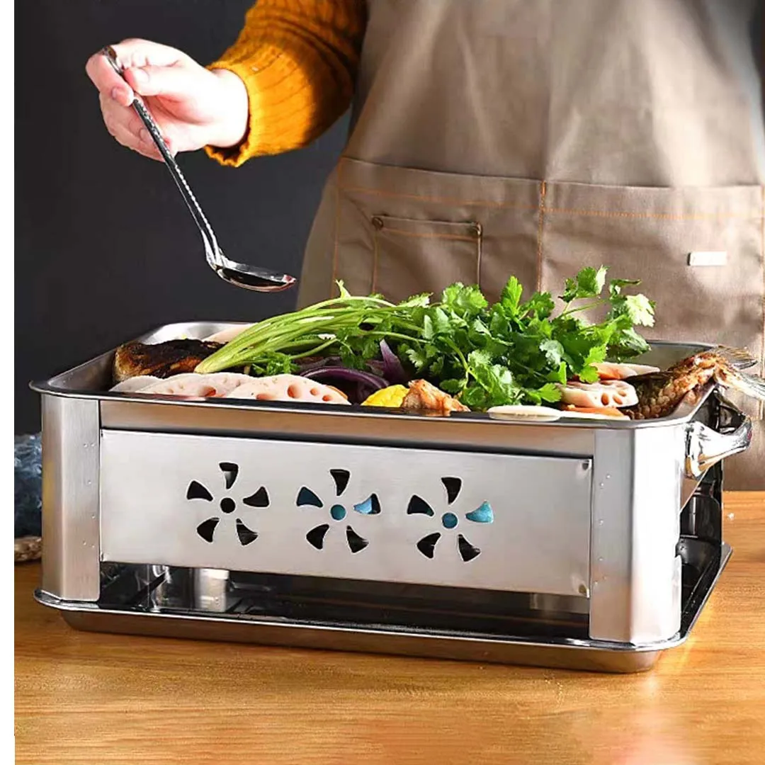 4X 40CM Portable Stainless Steel Outdoor Chafing Dish BBQ Fish Stove Grill Plate
