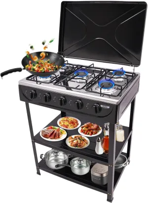 5 Burner Natural Gas Stove Portable Outdoor Stove with 2 Tier Storage Rack and Wind Blocking Cover Adapter Manual Ignition, Heavy Duty Natural Gas Cooker for Home RV Apartment Outdoor Cooking (Black)