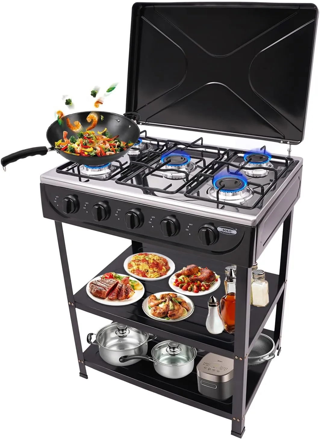 5 Burner Natural Gas Stove Portable Outdoor Stove with 2 Tier Storage Rack and Wind Blocking Cover Adapter Manual Ignition, Heavy Duty Natural Gas Cooker for Home RV Apartment Outdoor Cooking (Black)
