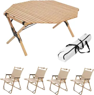 5 Pcs Folding Camping Table & airs Set, Portable Lightweight Picnic airs with Carrying Bag and Bee Roll-up Top Picnic Table