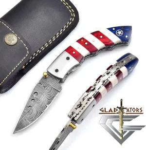 5079US Custom Damascus Steel Folding Pocket Knife with Sheath Cool Camping Knife for men Unique Damascus Blade Pattern 5079US (US Flag)