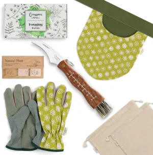 6-in-1 Foraging Kit with Mushroom Mesh Bags, Pounch, Knife, Gloves and Stickers, for Beginners Pros, Hunting Supplies Foragers' Gift, Army Green