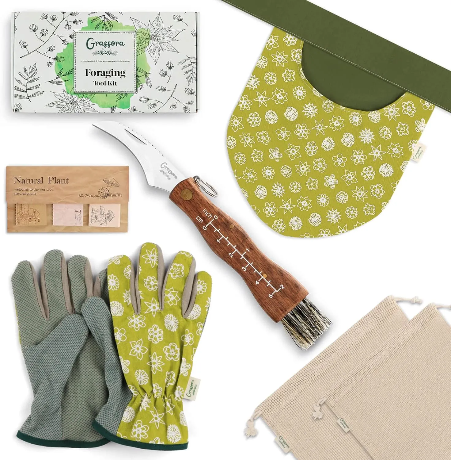 6-in-1 Foraging Kit with Mushroom Mesh Bags, Pounch, Knife, Gloves and Stickers, for Beginners Pros, Hunting Supplies Foragers' Gift, Army Green