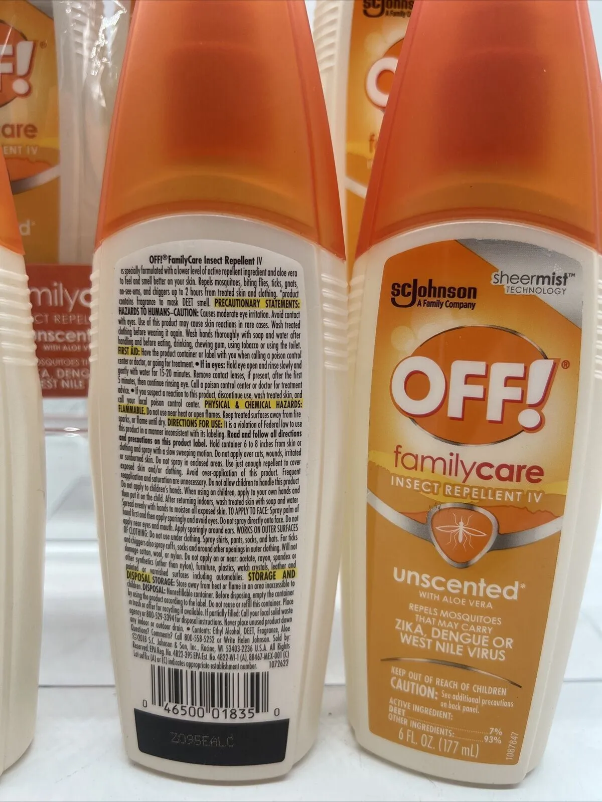 (6) OFF! 6 oz FamilyCare Insect Repellent Unscented Bug spray Aloe-Vera 7%