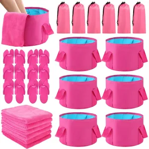 6 Sets Rose Red Foldable Foot Bath Kit 15L Collapsible Foot Soaking Tub Bathroom Towels Women Adult Foldable Slippers with Storage Bag Spa Soak Pedicure Bath for Travel Camping