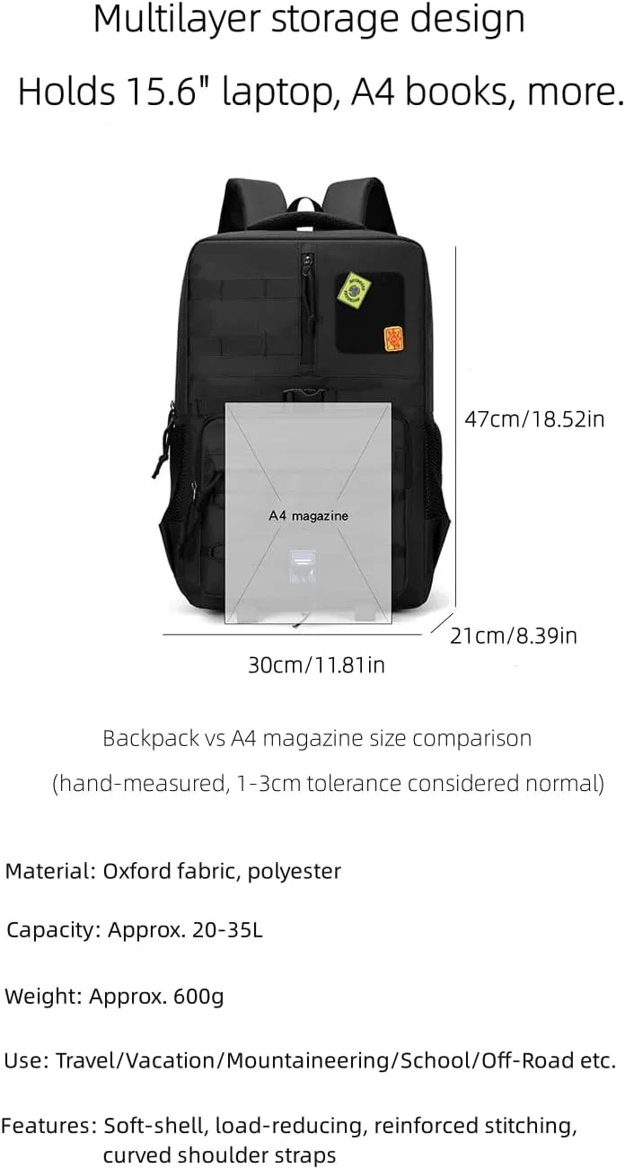 600g Lightweight Tactical Backpack for Outdoor Hiking & Business Travel, 30x21x47cm Large Capacity Daypack with Ventilated Compartments & Shock Absorption (Black)