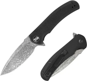 704 Gear Urban Ranger EDC Folding Pocket Knife | Full Size 3.74" Blade, Damascus Steel, G10 Handle, Reversible Pocket Clip | Black with Damascus Steel