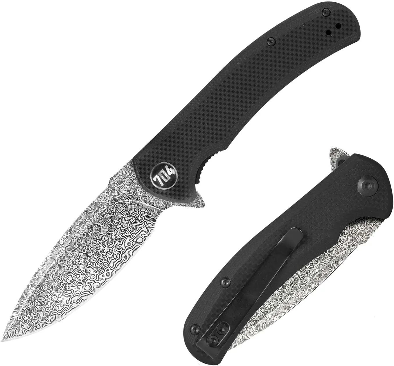704 Gear Urban Ranger EDC Folding Pocket Knife | Full Size 3.74" Blade, Damascus Steel, G10 Handle, Reversible Pocket Clip | Black with Damascus Steel