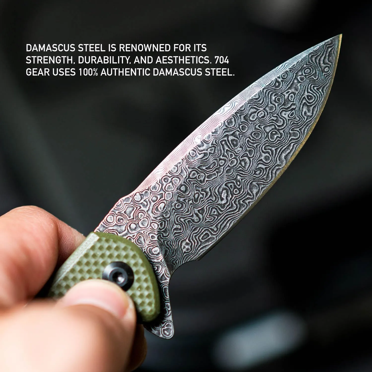 704 Gear Urban Ranger EDC Folding Pocket Knife | Full Size 3.74" Blade, Damascus Steel, G10 Handle, Reversible Pocket Clip | Black with Damascus Steel