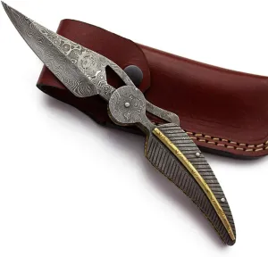 7.5" Handmade Damascus Folding Pocket Knife – Tactical EDC Gear for Hunting, Camping, Survival, and Fishing – Full Tang Damascus Handle with Buffalo Hide Leather Sheath – For Men and Women