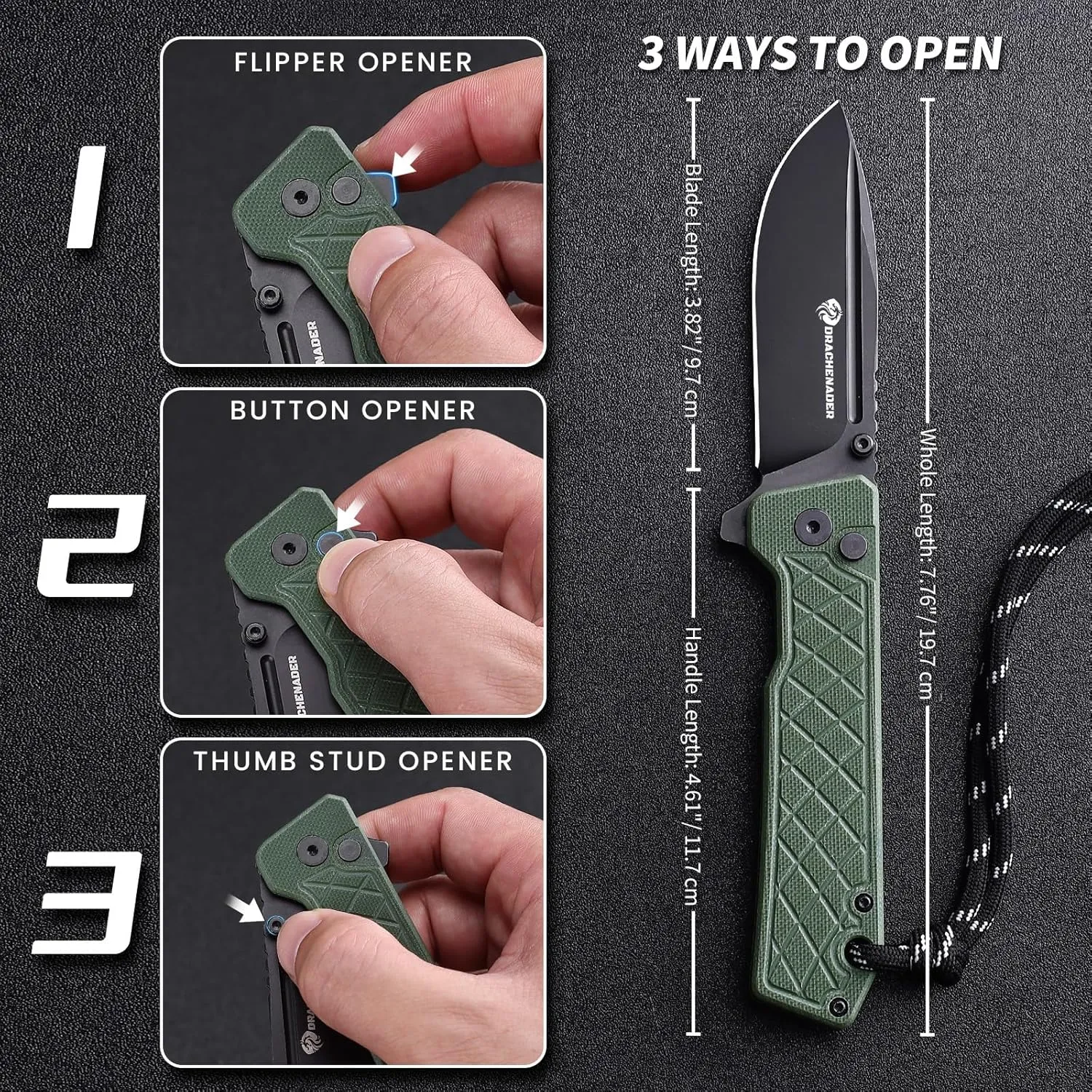 7.76" IE-BR Folding Pocket Knife for Men, 14C28N Steel EDC Button Lock Pocket Knife with Clip, G10 Handle, Sheath, Green