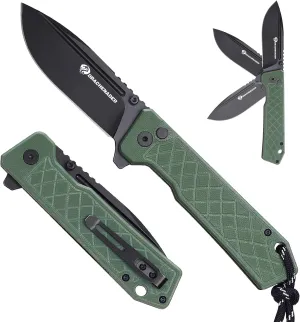 7.76" IE-BR Folding Pocket Knife for Men, 14C28N Steel EDC Button Lock Pocket Knife with Clip, G10 Handle, Sheath, Green
