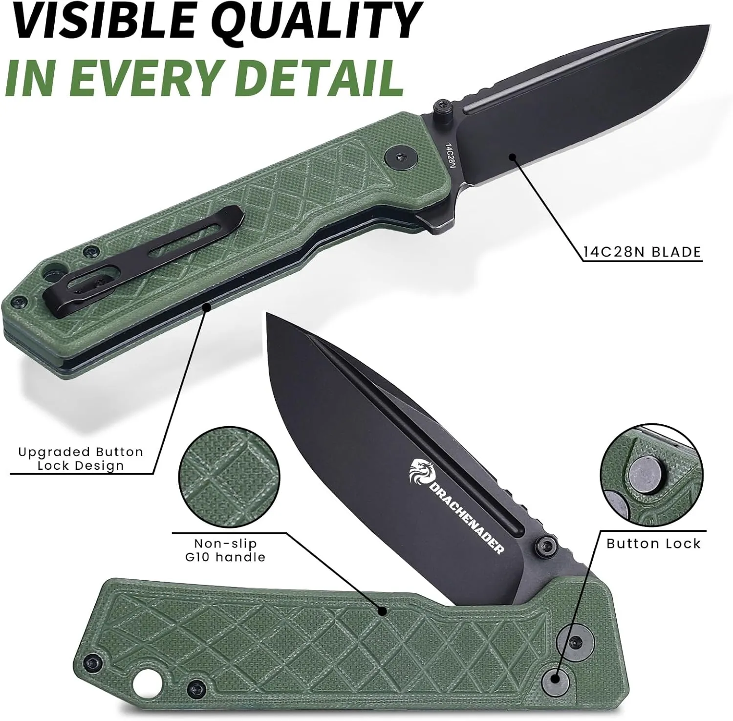 7.76" IE-BR Folding Pocket Knife for Men, 14C28N Steel EDC Button Lock Pocket Knife with Clip, G10 Handle, Sheath, Green