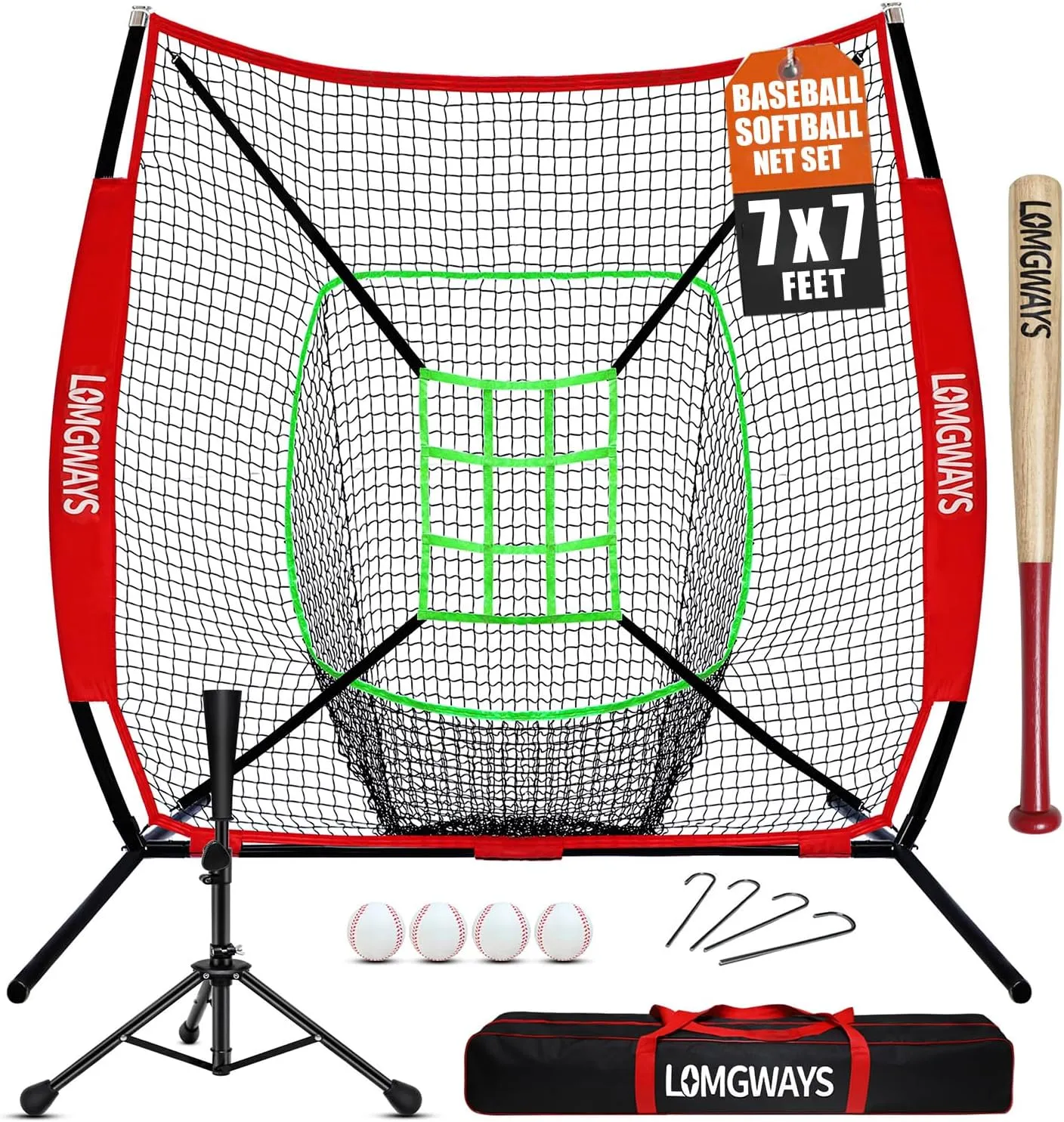 7'x7' Portable Baseball Net Set - Batting, Hitting & Pitching Practice Net with Tee, Bat, Balls, Strike Zone, Carrying Bag, for All Skills