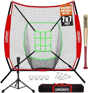 7'x7' Portable Baseball Net Set - Batting, Hitting & Pitching Practice Net with Tee, Bat, Balls, Strike Zone, Carrying Bag, for All Skills