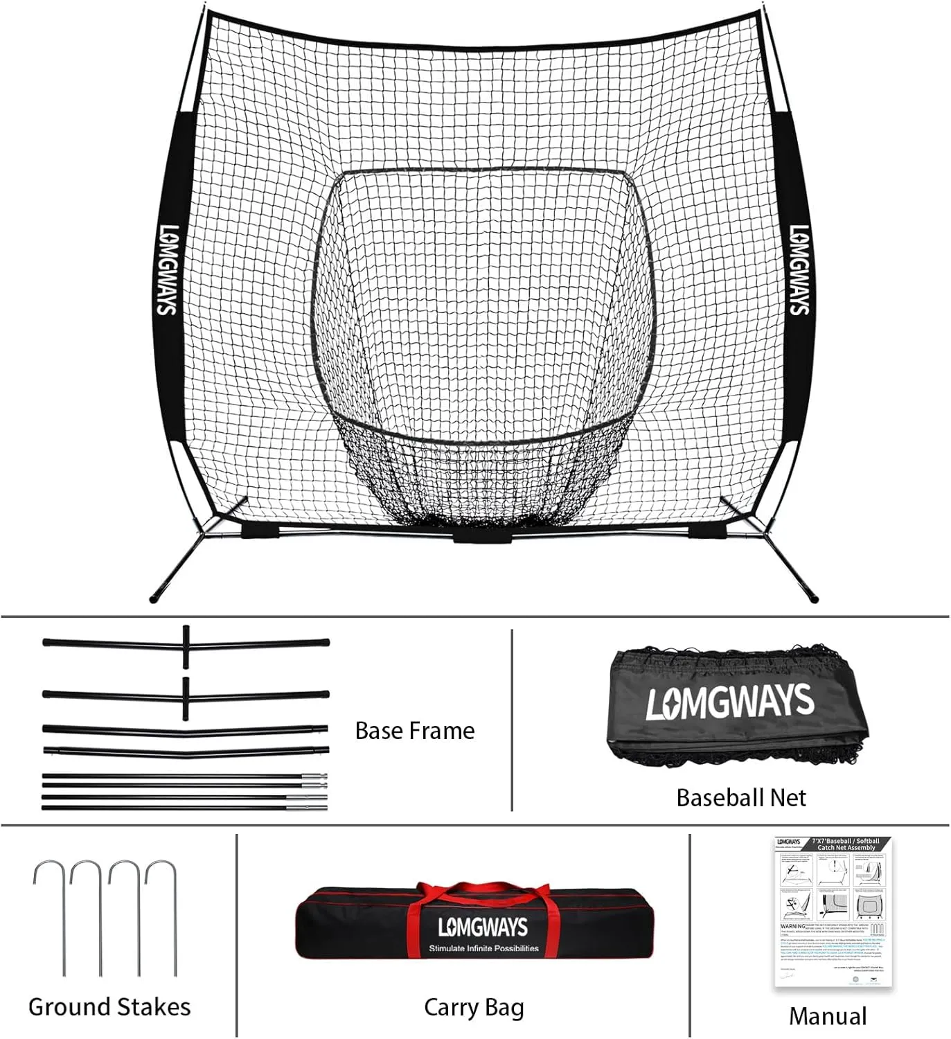 7x7ft/8x8ft Baseball Softball Net with Steel Frame for Batting, Hitting, Pitching, Portable Baseball Batting Net with Carry Bag, Great for All Levels