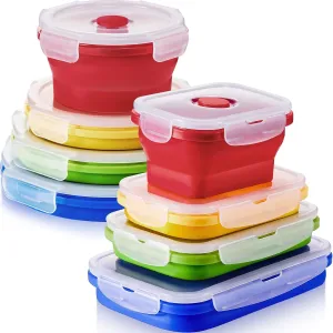 8 Pack Collapsible Food Storage Containers Silicone Lunch with Lids, 4 Pcs Rectangle Bowls and Round Bowls, Microwave Freezer Dishwasher Foldable