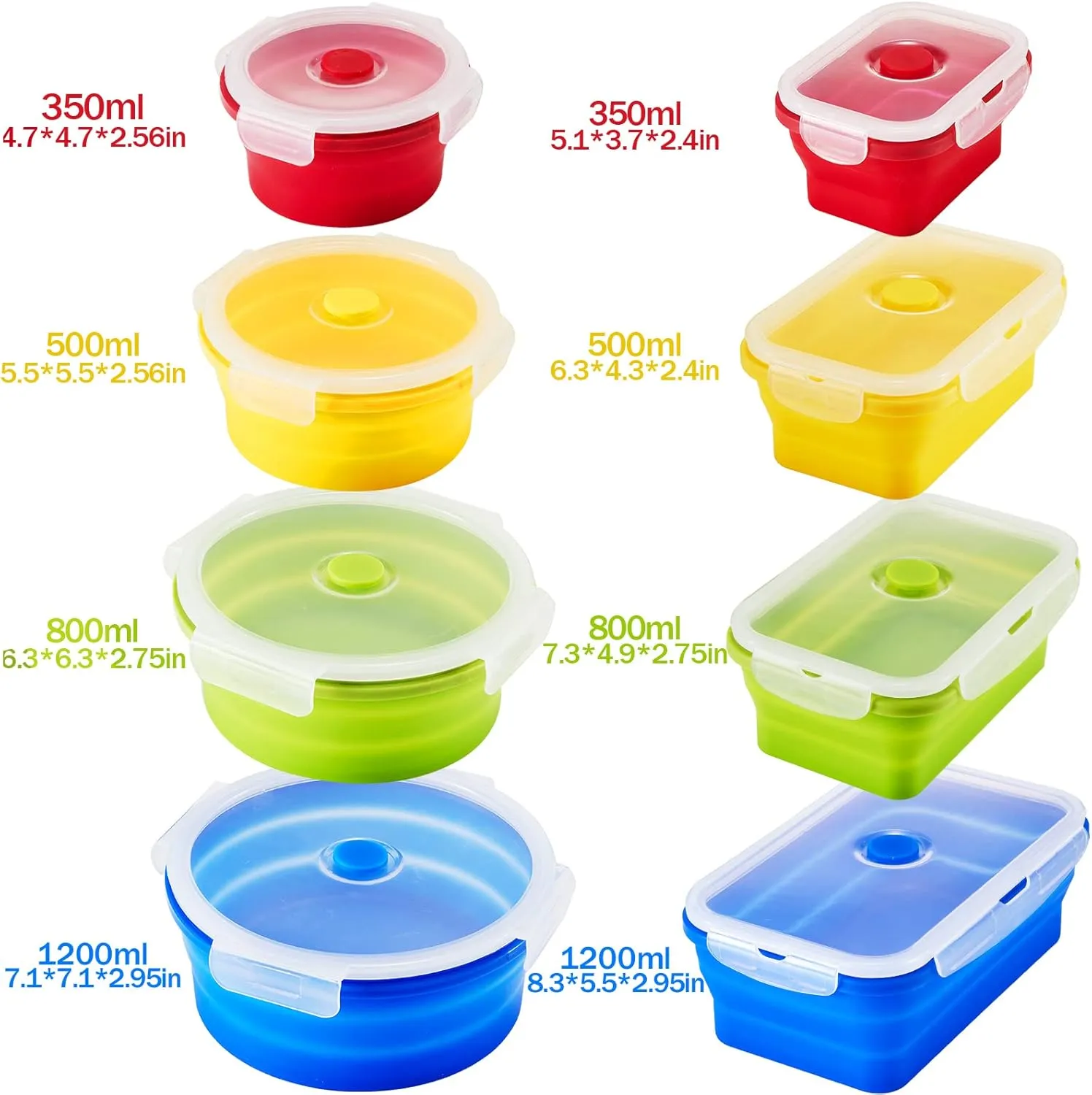 8 Pack Collapsible Food Storage Containers Silicone Lunch with Lids, 4 Pcs Rectangle Bowls and Round Bowls, Microwave Freezer Dishwasher Foldable