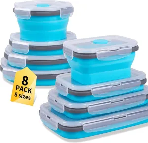 8 Pack Collapsible Food Storage Containers with Lids, Silicone Collapsible Food Containers, Collapsible Storage Containers Sets for Snack Camping RV, Microwave Freezer Dishwasher Safe, Blue