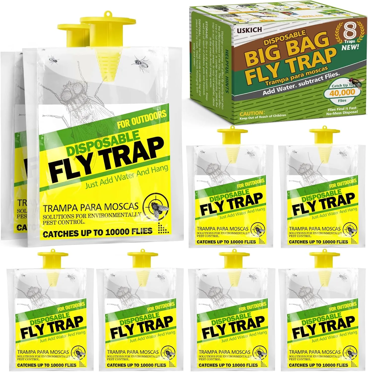 8 Pack Outdoor Hanging Fly Traps, Disposable Flies Killer Trap Bag Catcher with Natural Attractant Bait Bug Catcher and Flying Insect Trap for Outdoor Family Farm Park Orchard Garden