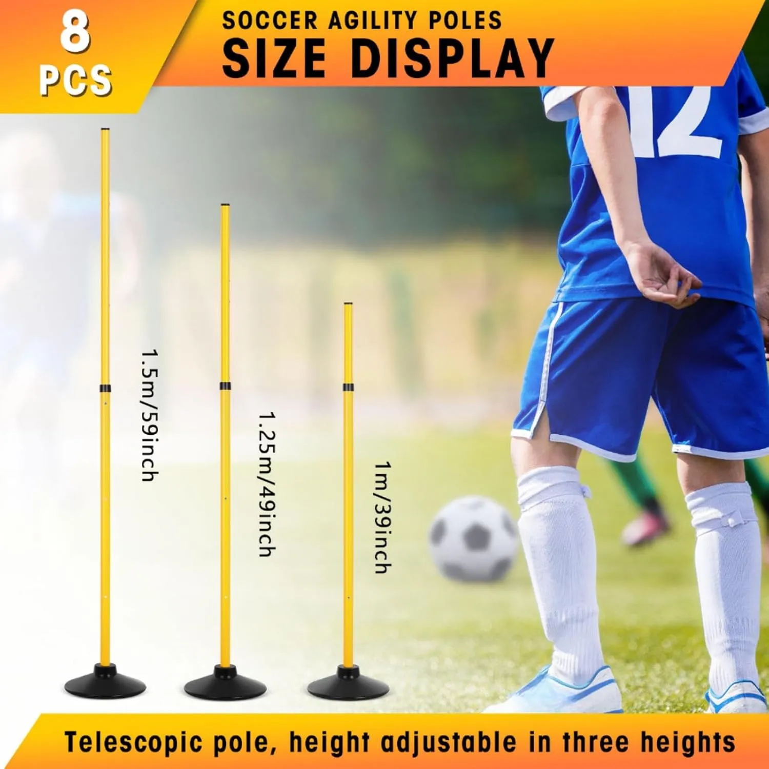 8 Pcs Soccer Agility Poles Detachable Sports Training Speed Slalom Poles with Rubber Base Coaching Sticks for Soccer Drills and Training