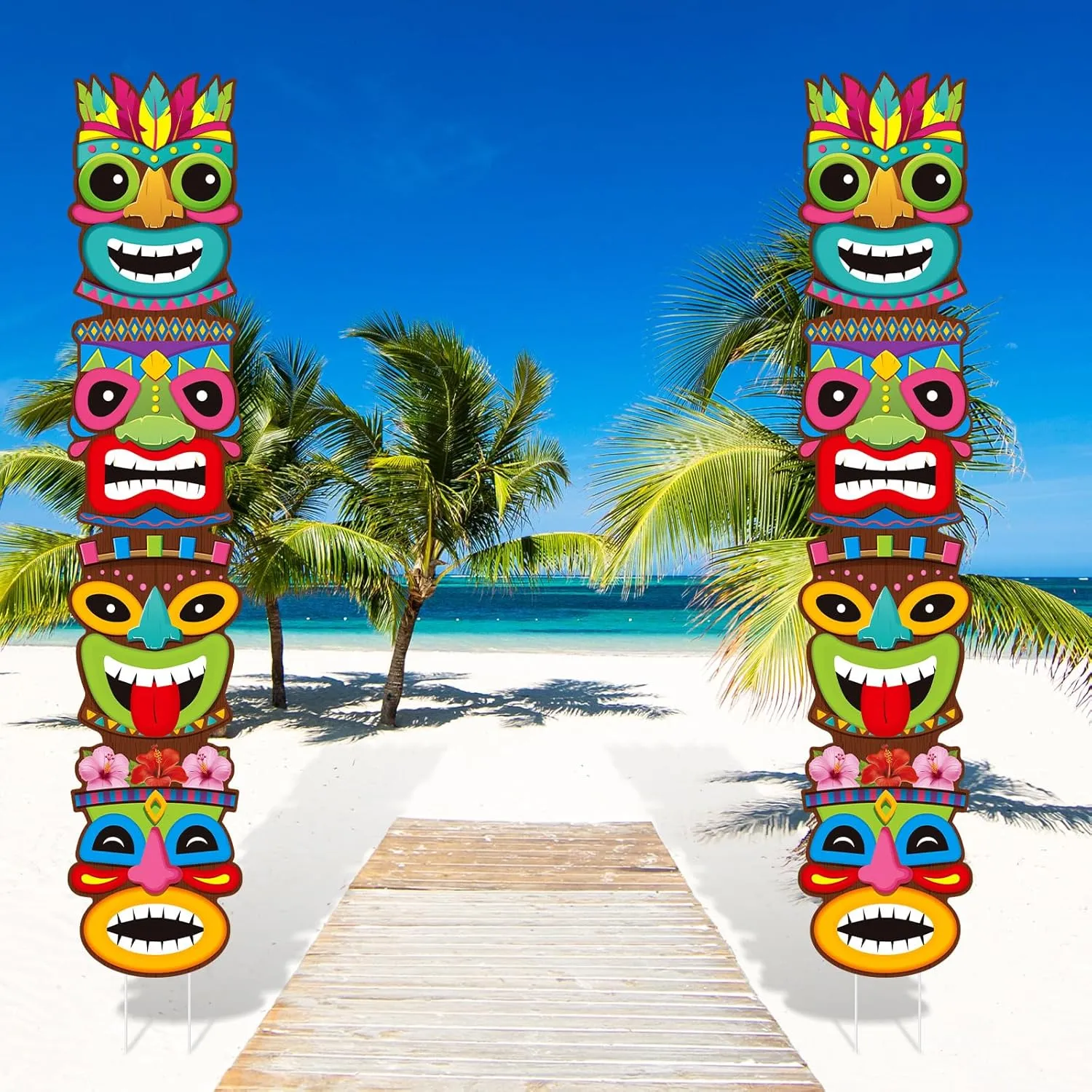 8 Pcs Tiki Yard Signs Hawaiian Luau Tropical Party Decoration Outdoor Tiki Bar Sign with Stakes LED Large Lawn Garden Beach Sand Decorations for Summer