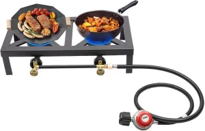 8000W Double Burner Outdoor Gas Stove Propane BBQ Cooker with Adjustable 0-20Psi Regulator Hose, Portable Cast Iron Stove for Outdoor Camping Barbecue Hiking Garden Terrace, Black