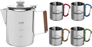 9-Cup Coffee Percolator Set with 4 Mugs – Stainless Steel Camping Coffee Pot, Stovetop Percolator Coffee Maker for Home & Outdoor Use