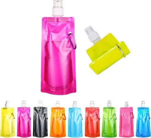 9 Pack Large Foldable Water Bottles, 480ml / 16oz Fully Collapsible Water Stock Bottles, Reusable Flexible Water Bottle Bags for Outdoor Camping Hiking Travel Running