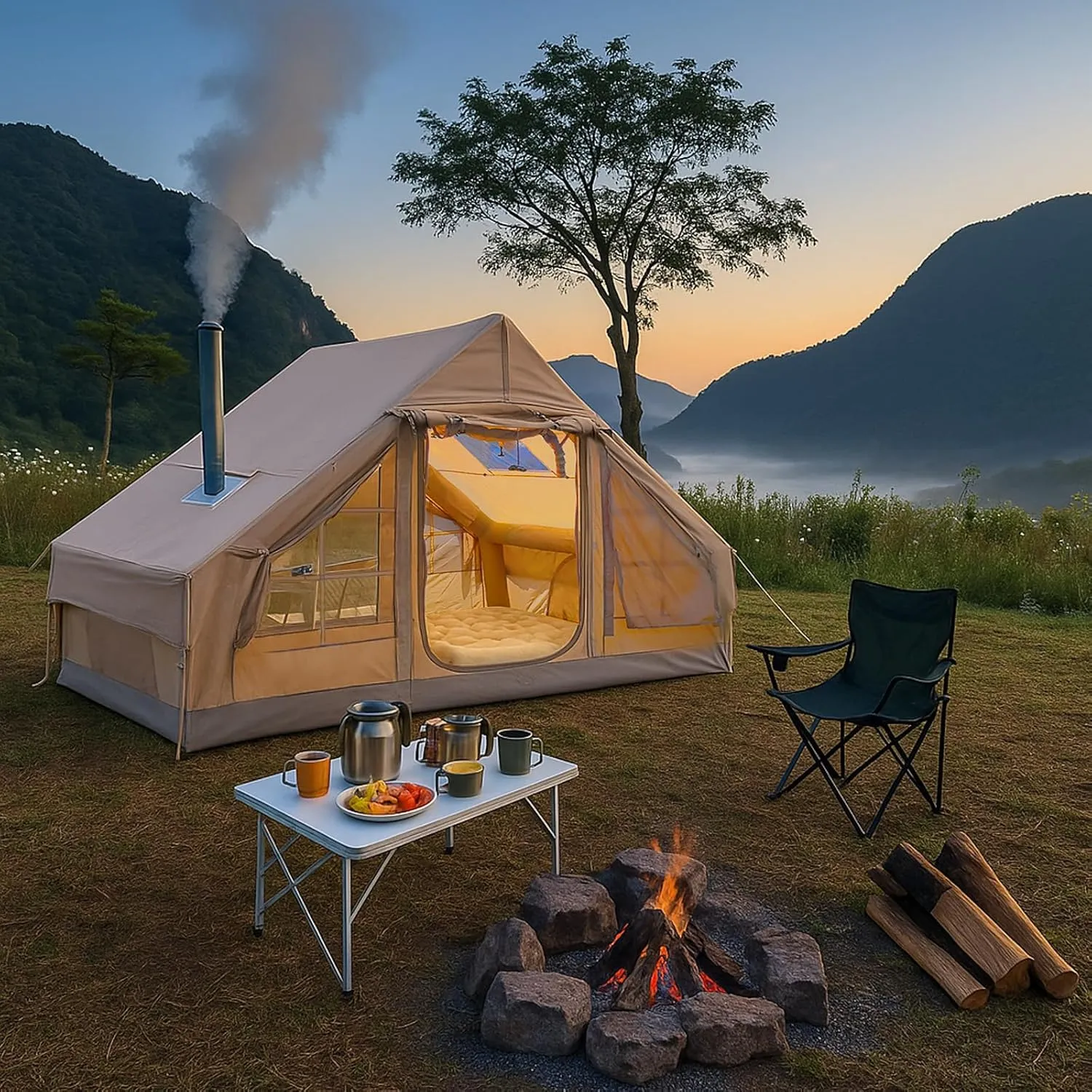 9.8' x 7' Inflatable Camping Tent,4 Season Blow up Tents for Camping, 4-6 Person Inflatable Tent with Jack Stove,Air Tents,Glamping Tent,Waterproof,Waterproof Luxury House with Mesh Window