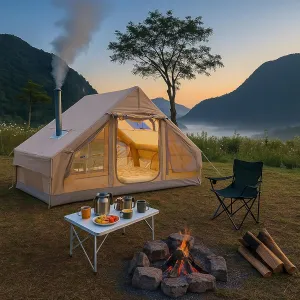 9.8' x 7' Inflatable Camping Tent,4 Season Blow up Tents for Camping, 4-6 Person Inflatable Tent with Jack Stove,Air Tents,Glamping Tent,Waterproof,Waterproof Luxury House with Mesh Window