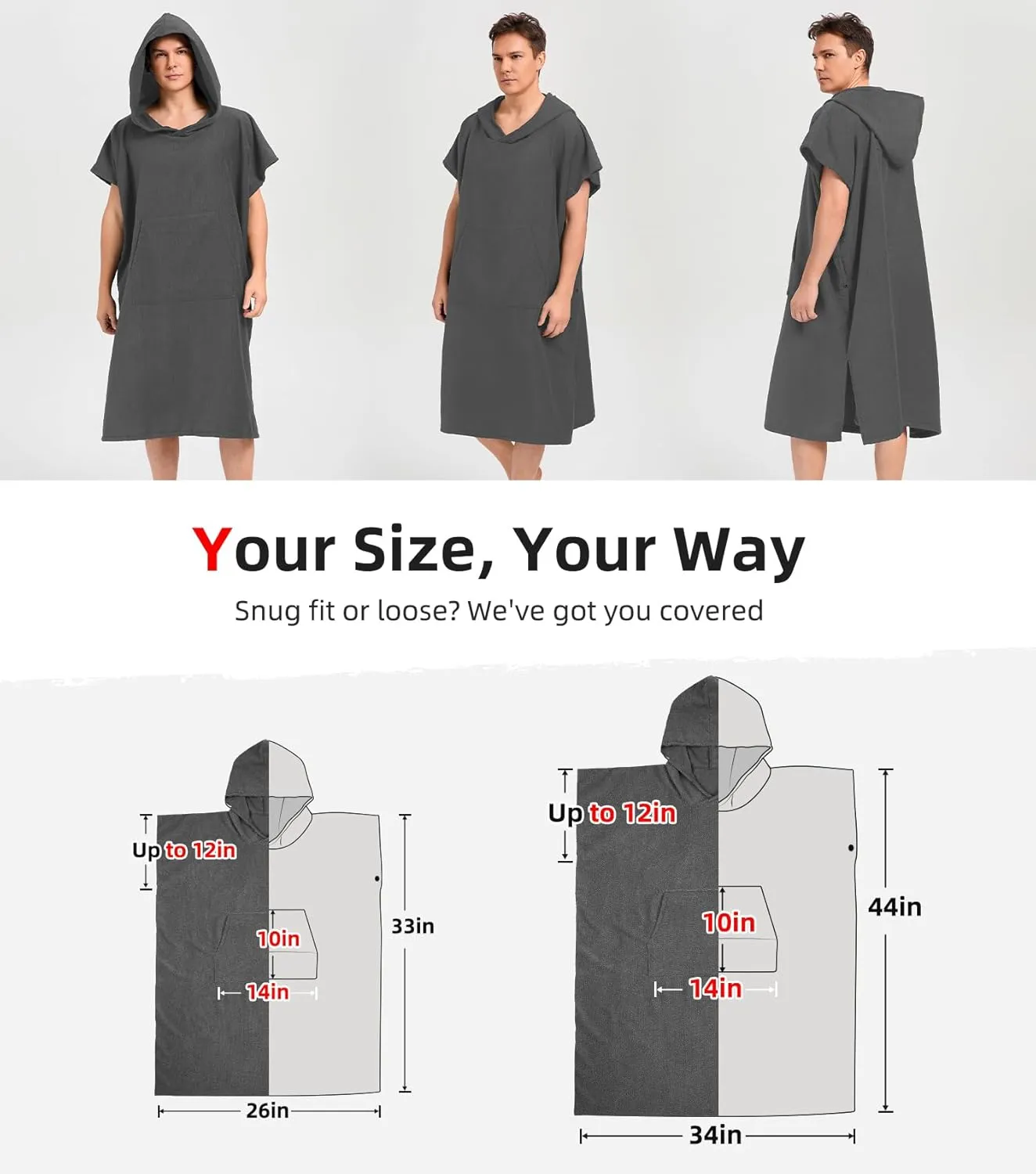 Abahub Surf Poncho Men & Women Towel Poncho Adult with Hood, Thick Quick Dry Changing Poncho Towel, Microfiber Wearable Cover Up for Surfing Beach Swim - Absorbent Changing Towel L (Grey)