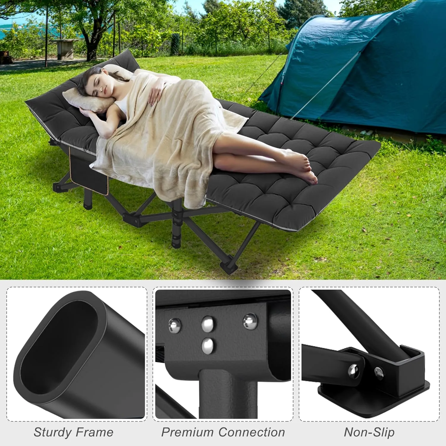 ABORON 2 Pack Folding Camping Cot W/Mat for Adults, Heavy Duty Outdoor Bed with Carry Bag,1200 D Layer Oxford Travel Camp Cots